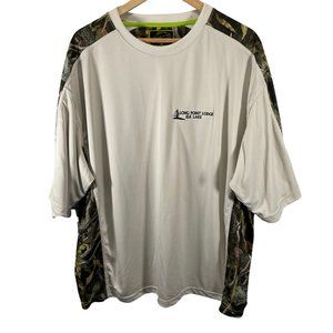 Beige/Camouflage Print Color Block Shirt w/ Long Point Lodge Elk Lake Logo